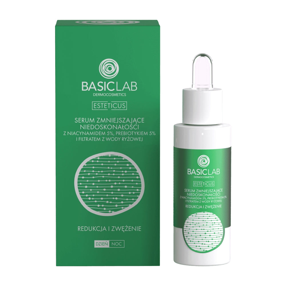 BasicLab Serum zmniejszające niedoskonałości z niacynamidem 5%, Redukcja i Zwężenie, 30ml
