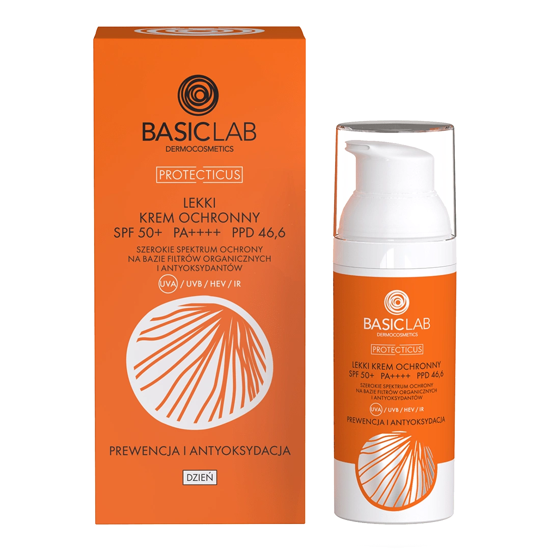 BasicLab Protecticus Lekki krem ochronny SPF50+ PPD46,6 Prewencja i Antyoksydacja, 50ml