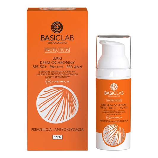 BasicLab Protecticus Lekki krem ochronny SPF50+ PPD46,6 Prewencja i Antyoksydacja, 50ml