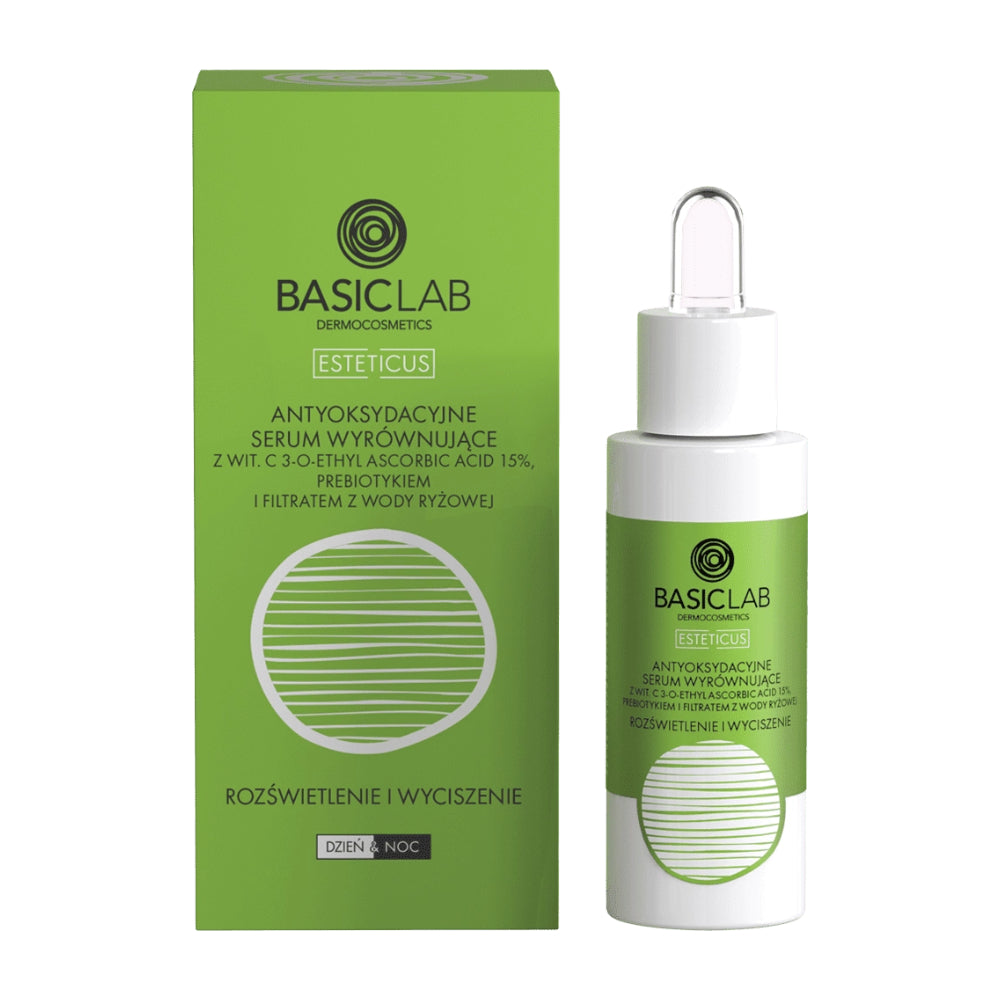BasicLab Antyoksydacyjne serum wyrównujące z wit. C 15% Rozświetlenie i Wyciszenie, 30ml
