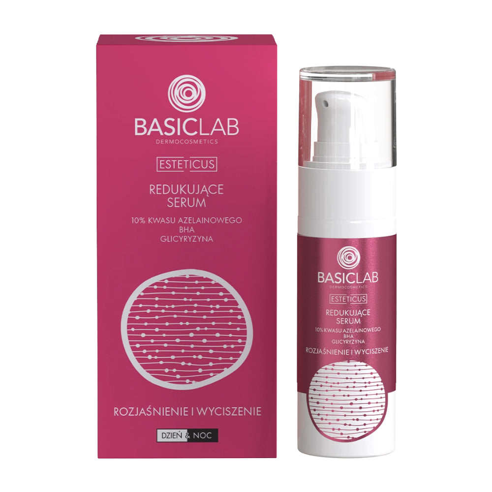 BasicLab Redukujące serum 10% kwasu azelainowego, BHA, Glicyryzyna, Rozjaśnienie i Wyciszenie, 30 ml